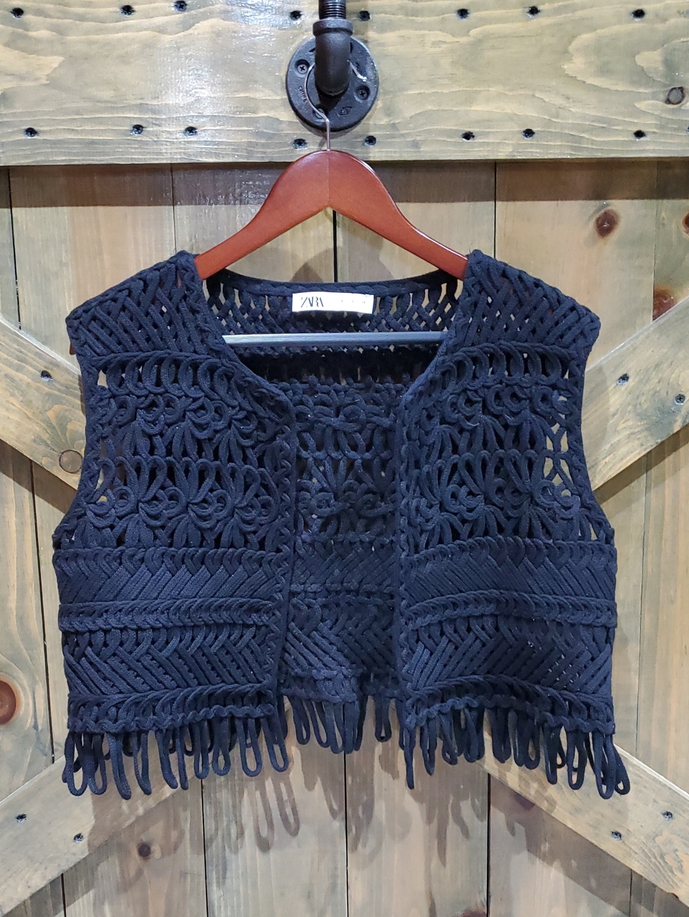 Zara Black Crocheted Fringe Crop Vest Mobwife Cowgirl Drama Boho Versatile